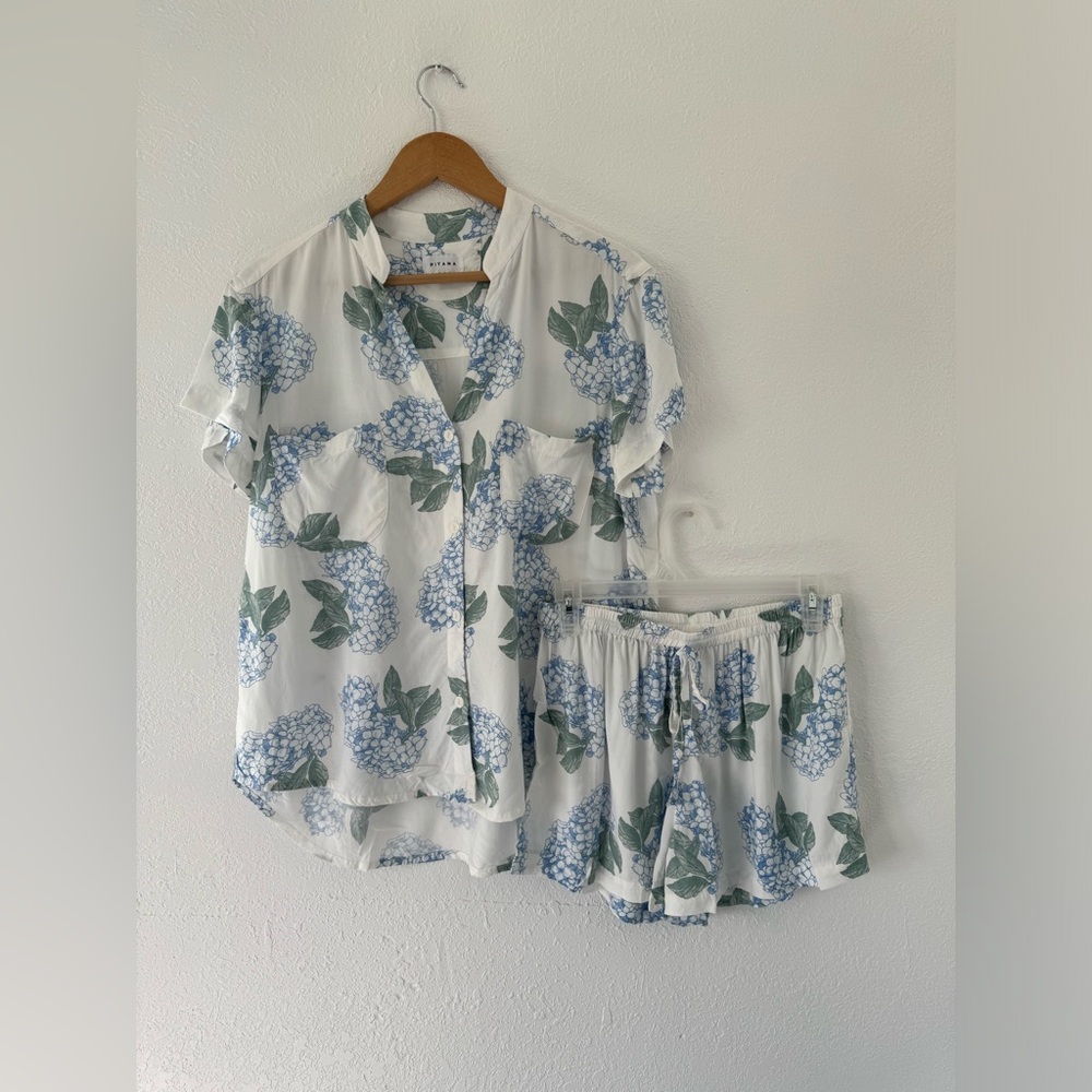 Floral Print Pajama Set - Blue and White